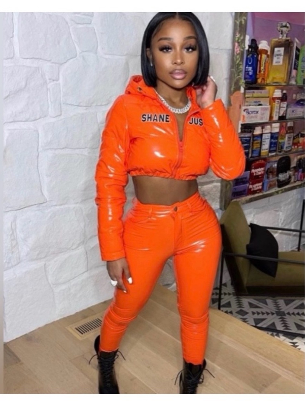 Shane Just Red Orange Puffer Half Cropped Jacket